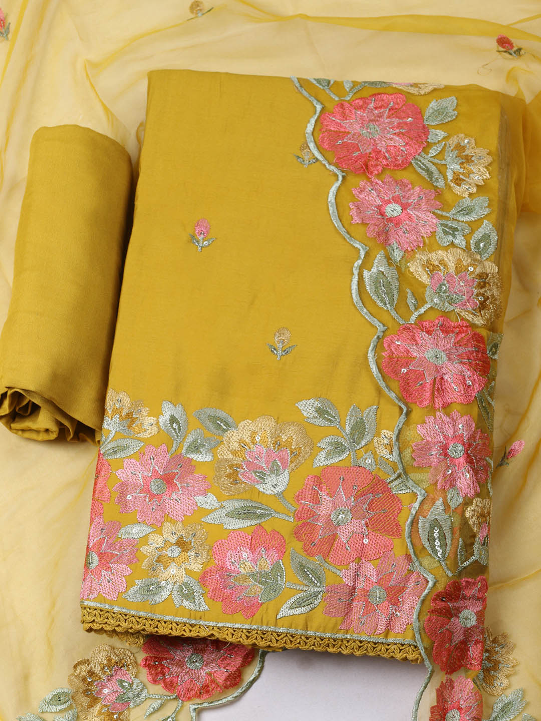 Embroidered Chanderi Unstitched Suit With Pant &amp; Dupatta