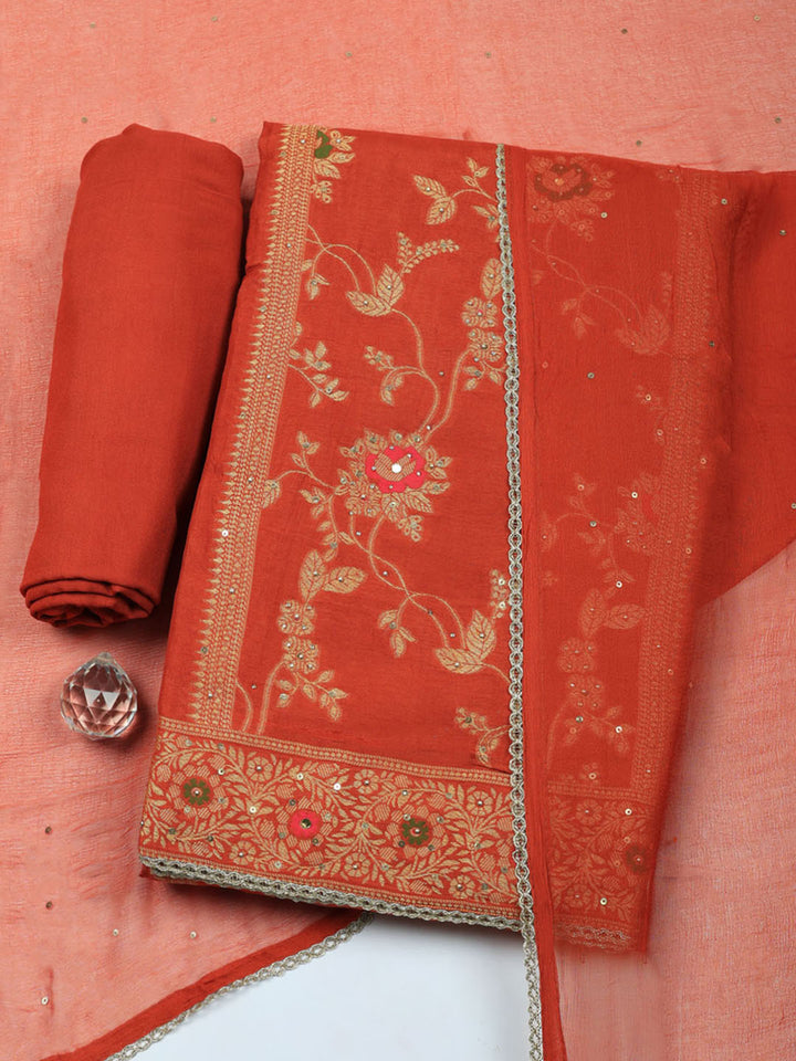 Woven Design Chanderi Unstitched Suit With Pant &amp; Dupatta