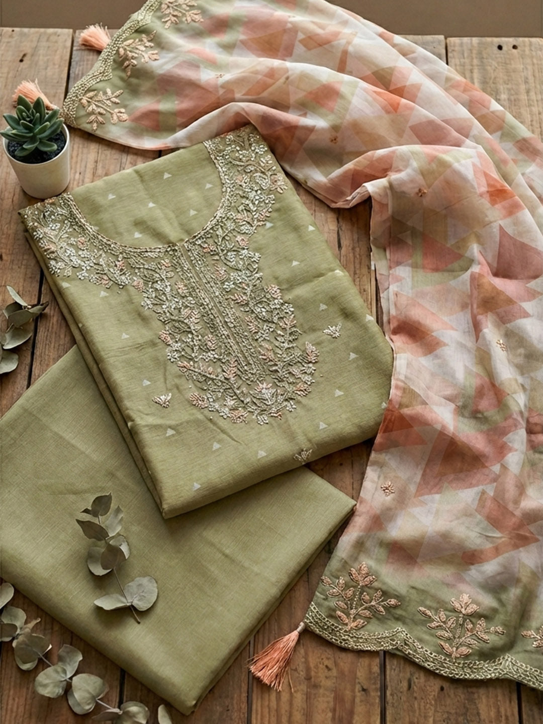 Embroidered Chanderi Unstitched Suit With Pant &amp; Dupatta