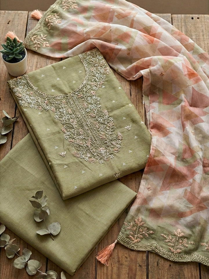 Embroidered Chanderi Unstitched Suit With Pant &amp; Dupatta