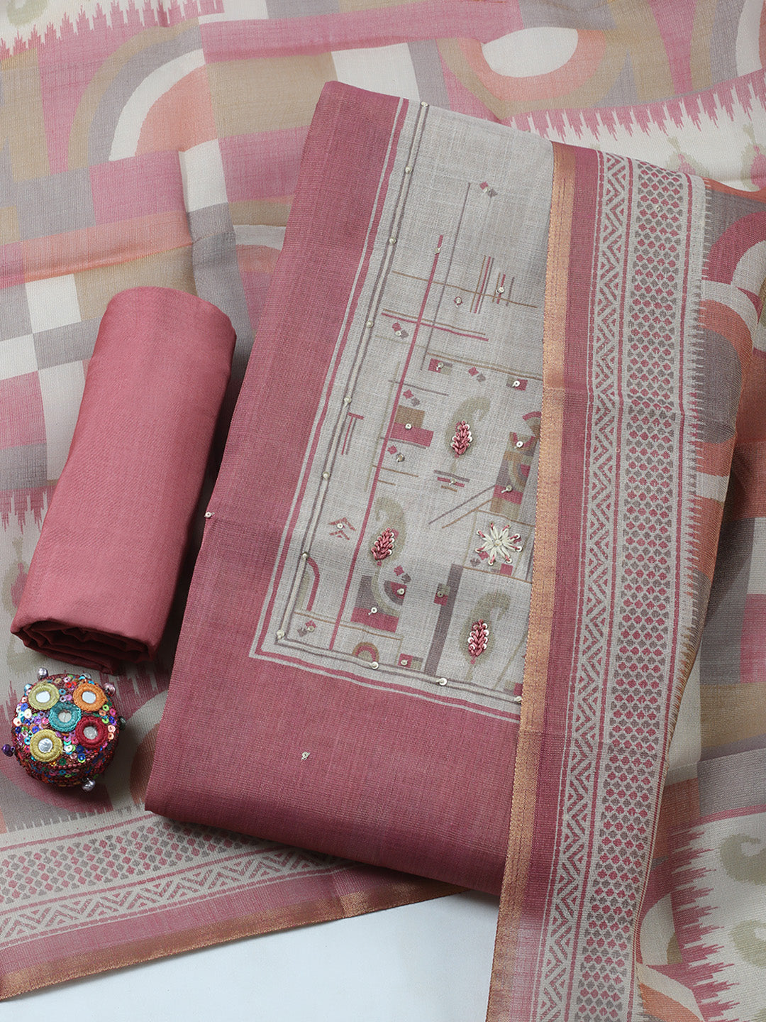 Printed Linen Blend Unstitched Suit With Pant &amp; Dupatta