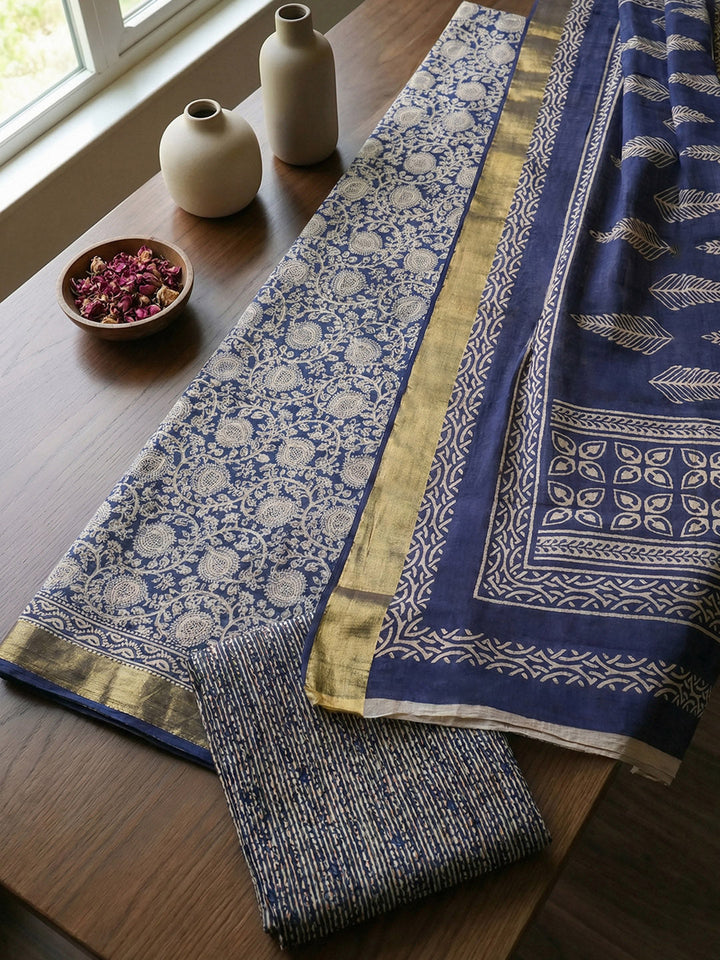Printed Cotton Blend Unstitched Suit With Pant &amp; Dupatta