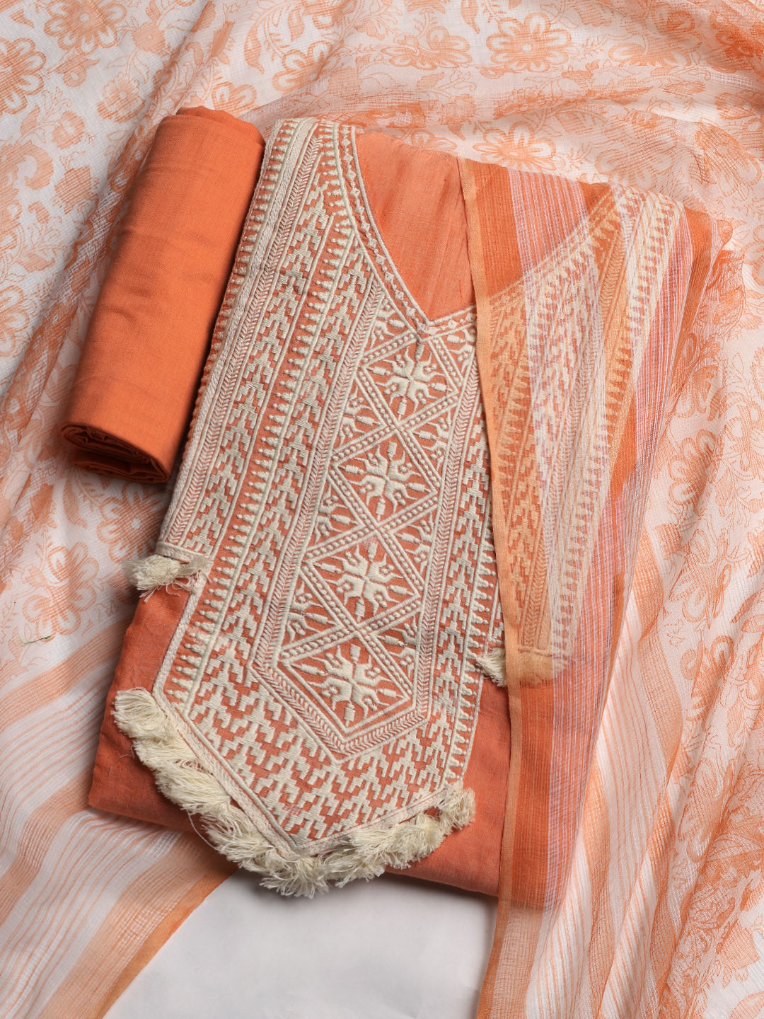 Neck Embroidered Cotton Blend Unstitched Suit With Dupatta
