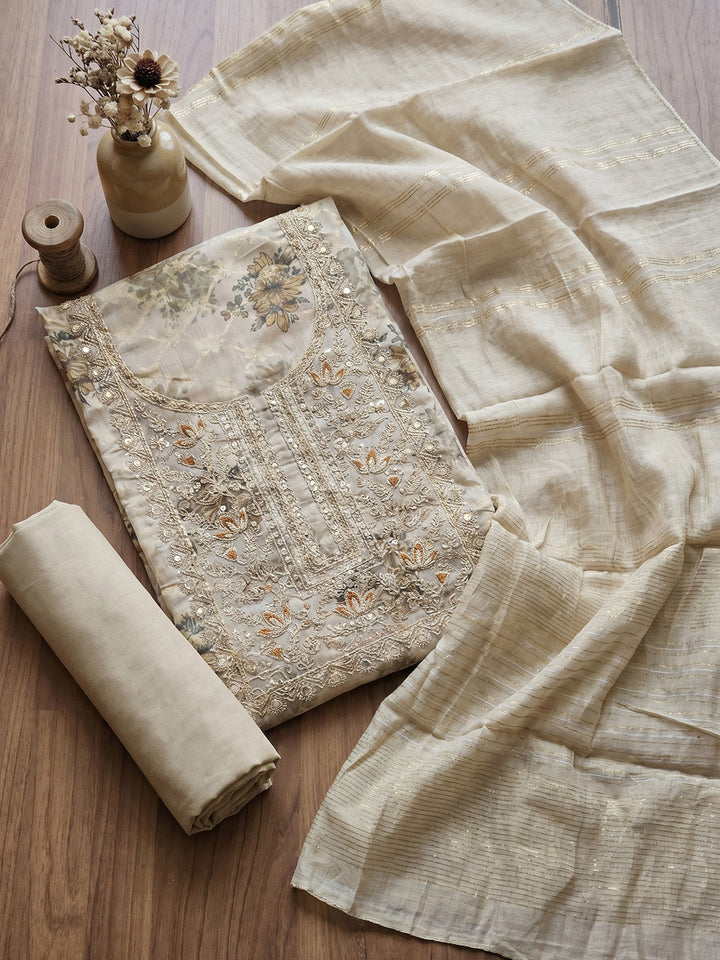 Embroidered Chanderi Unstitched Suit With Pant &amp; Dupatta