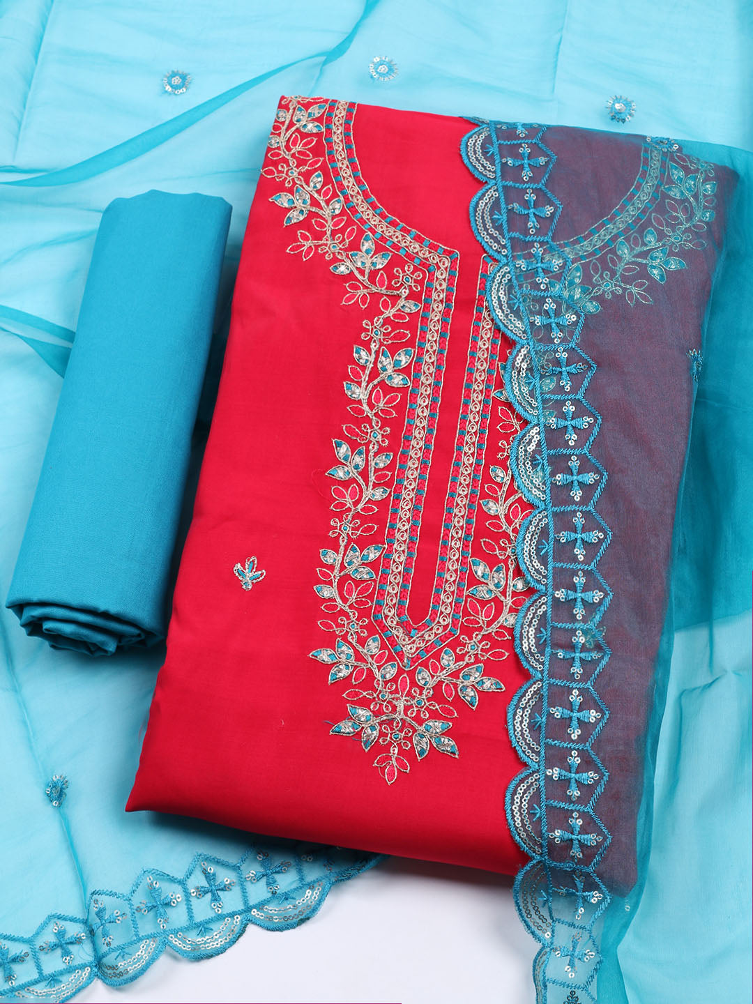 Neck Embroidered Chanderi Unstitched Suit With Dupatta