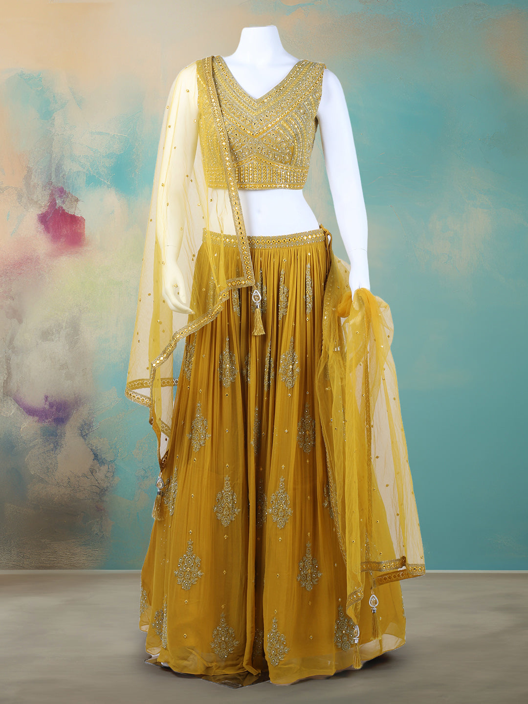 Resham Mirror Work Georgette Choli With Lehenga &amp; Dupatta