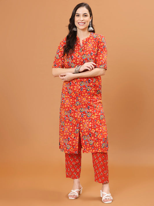 Floral Printed Cotton Kurta With Pants