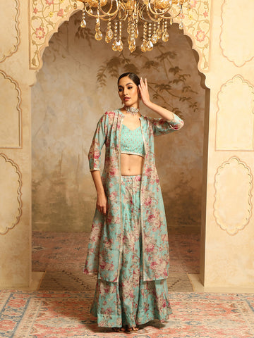 Floral Printed Chanderi Choli With Skirt & Jacket