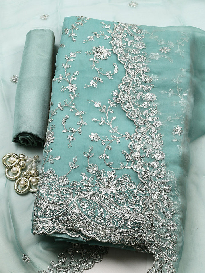 Embroidered Organza Unstitched Suit With Pant &amp; Dupatta