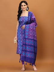 Patola Print Cotton Unstitched Suit Piece With Dupatta