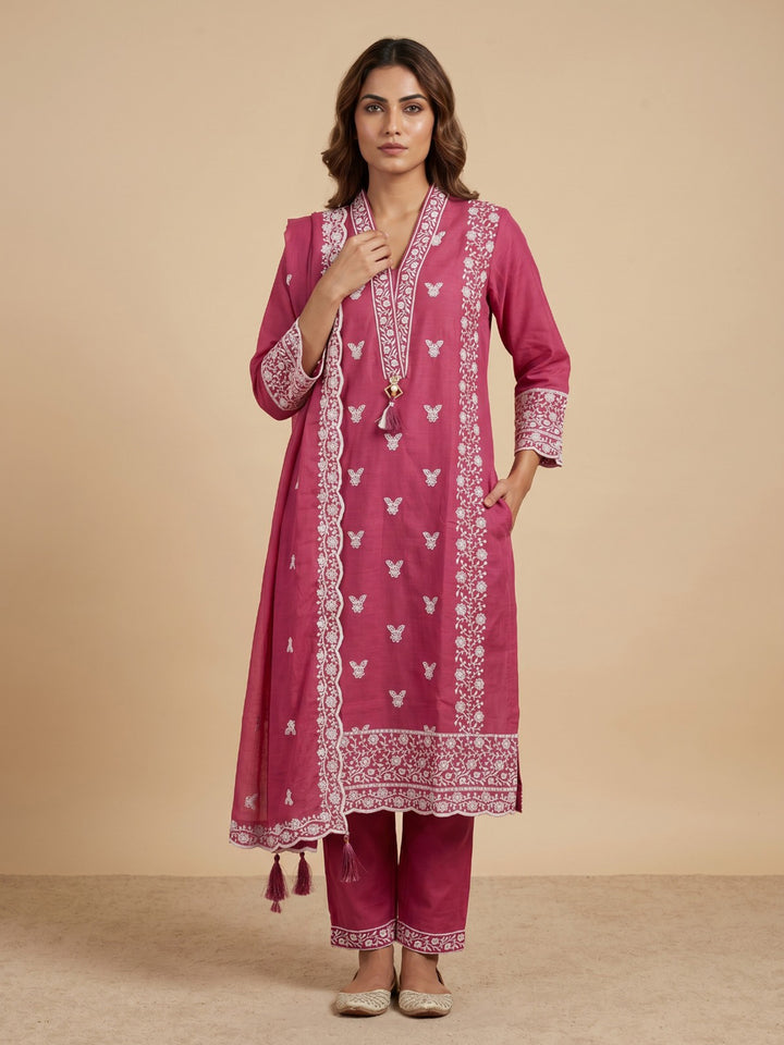 Rani Embroidered Cotton Blend Straight Round Neck Suit Set