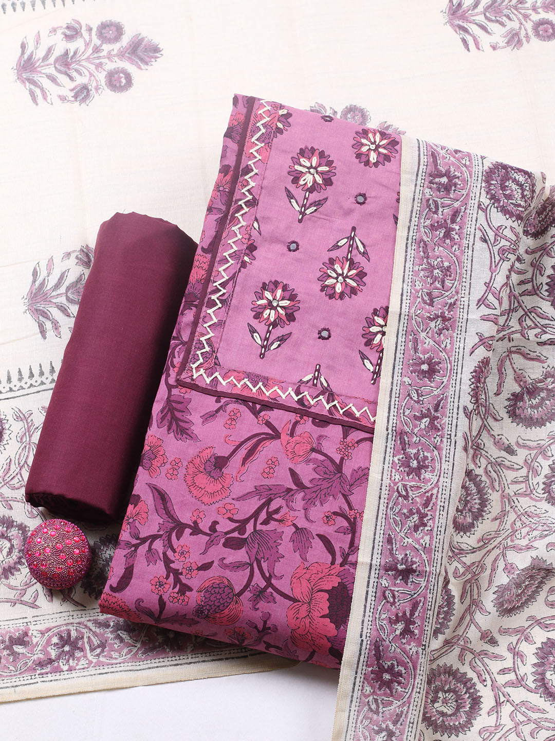 Printed Cotton Blend Unstitched Suit With Pant &amp; Dupatta