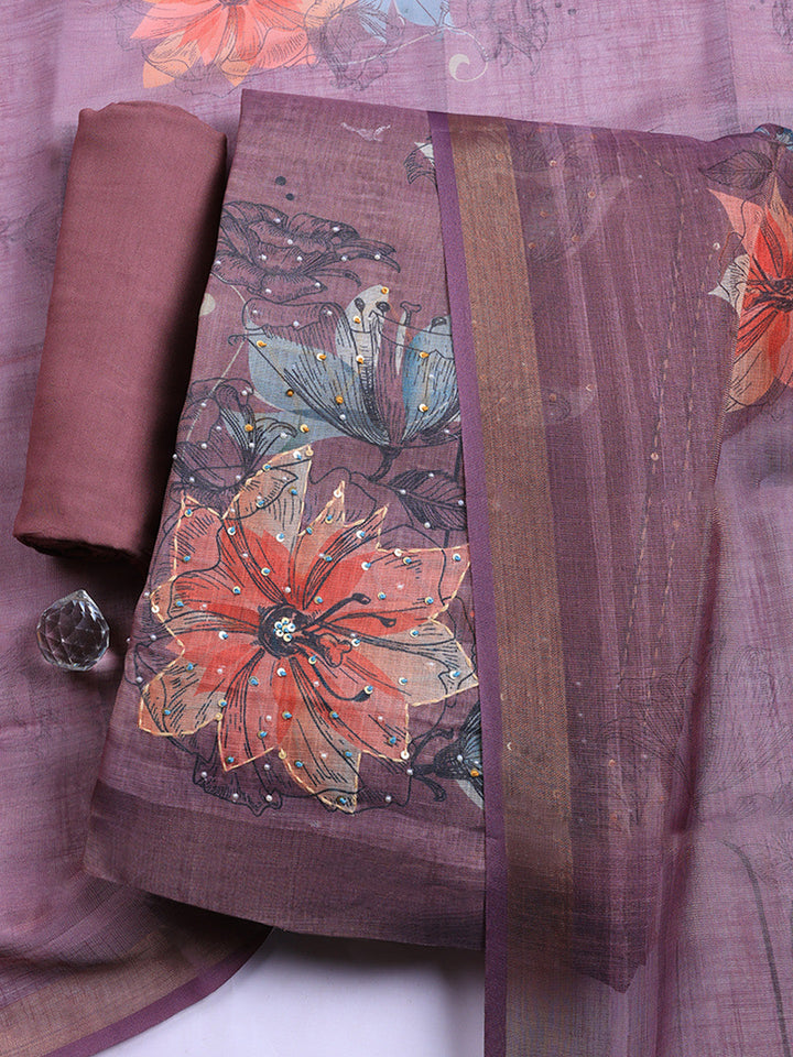 Printed Linen Blend Unstitched Suit With Pant &amp; Dupatta