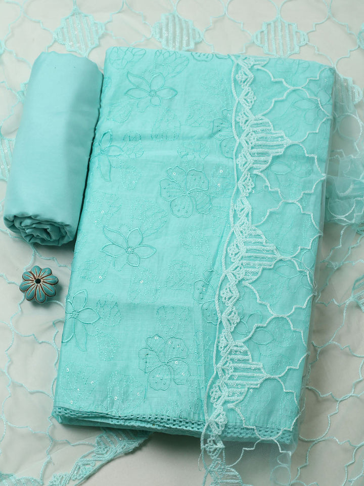 Embroidered Chanderi Unstitched Suit With Pant &amp; Dupatta