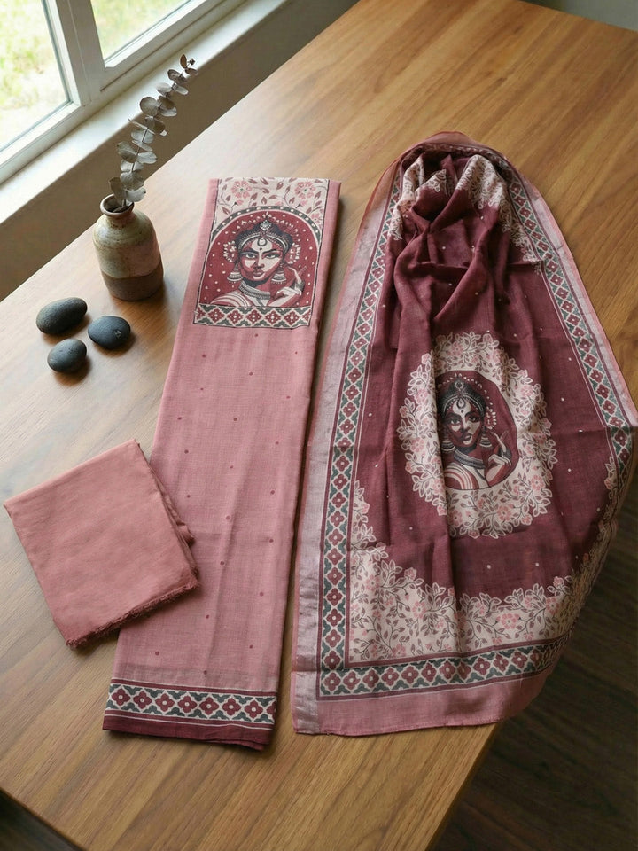 Printed Linen Blend Unstitched Suit With Pant &amp; Dupatta