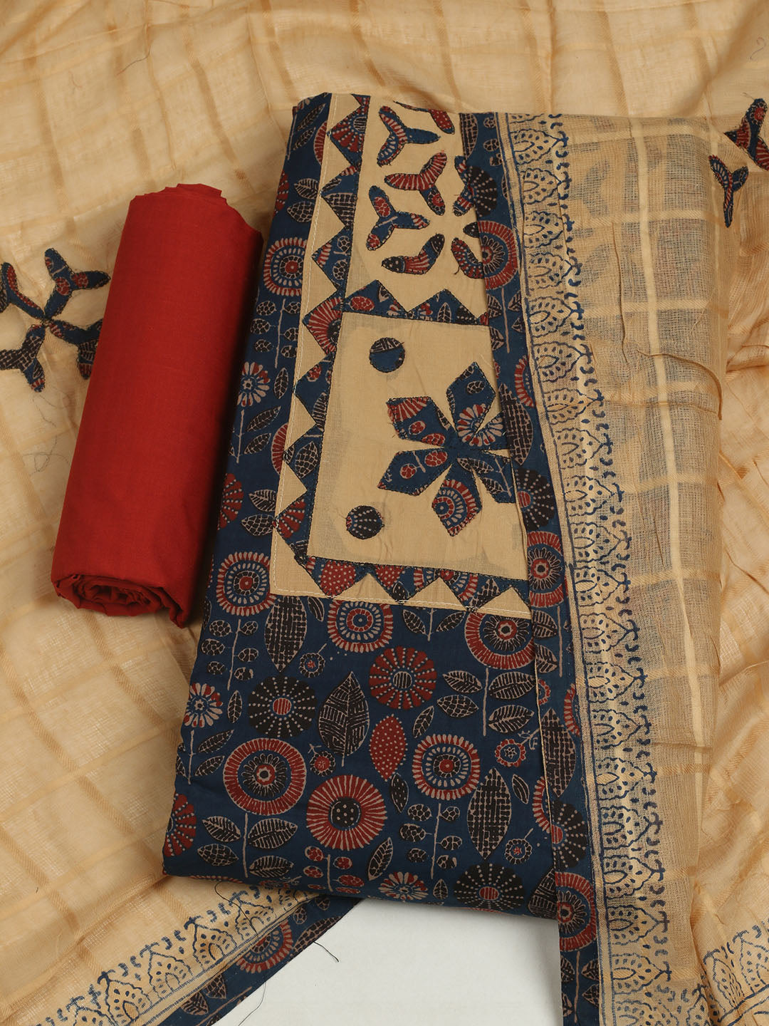 Printed Cotton Unstitched Suits Printed Suit With Pant &amp; Dupatta