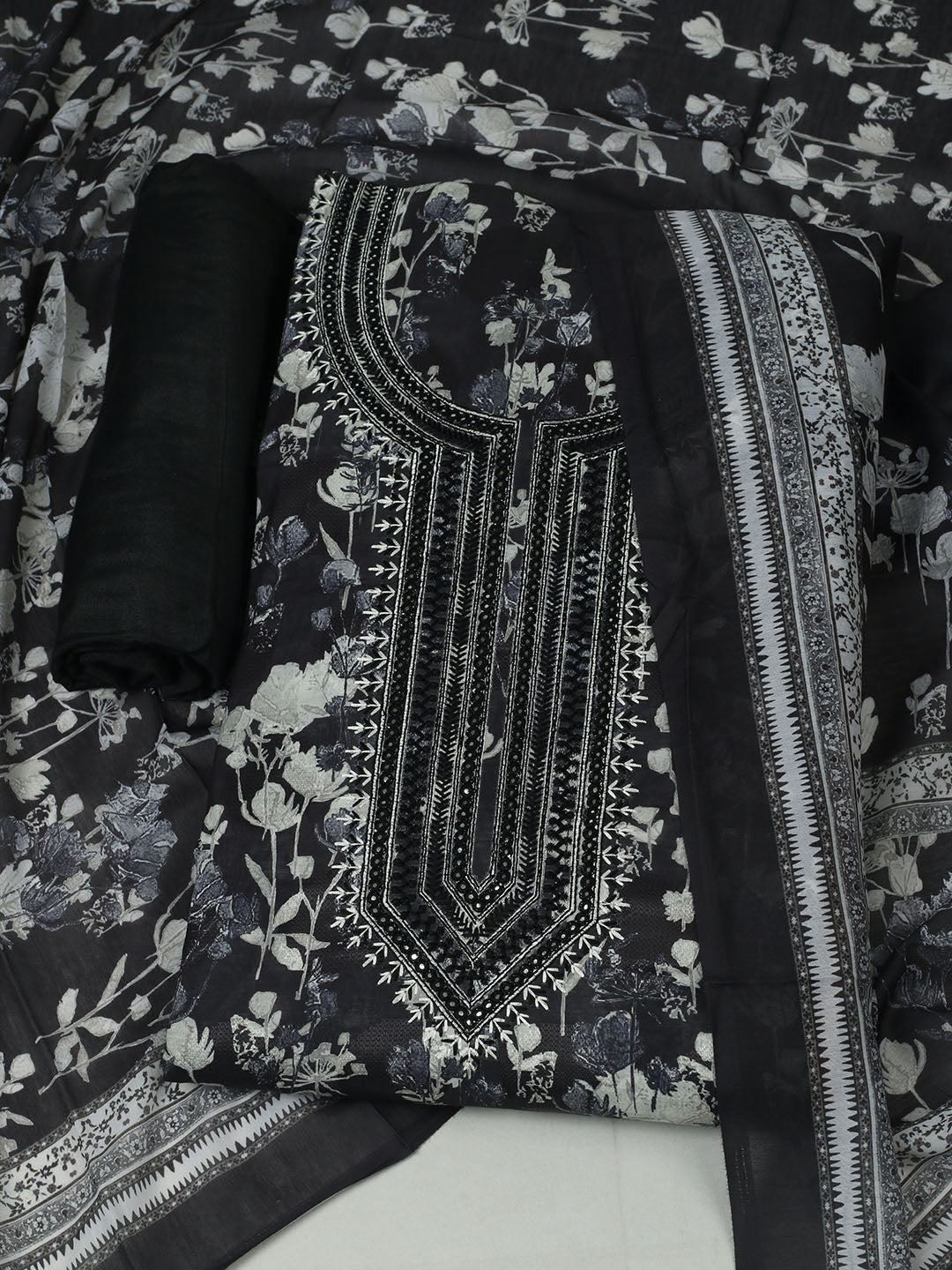 Embroidered Muslin Unstitched Suit With Pant &amp; Dupatta