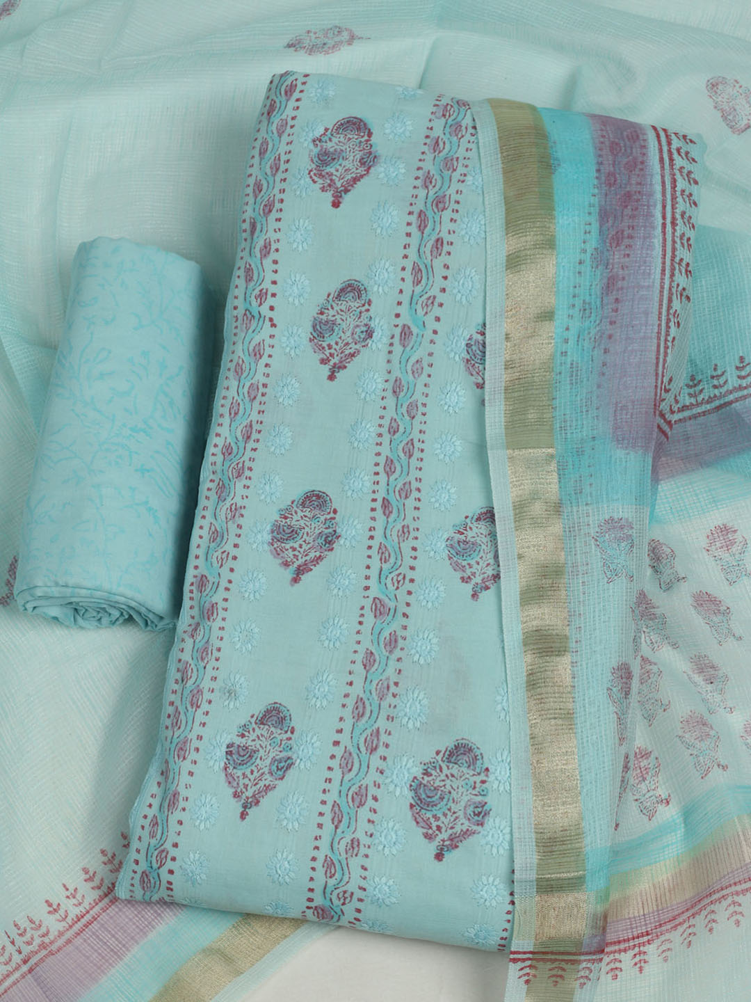 Printed Cotton Unstitched Suit With Pant &amp; Dupatta