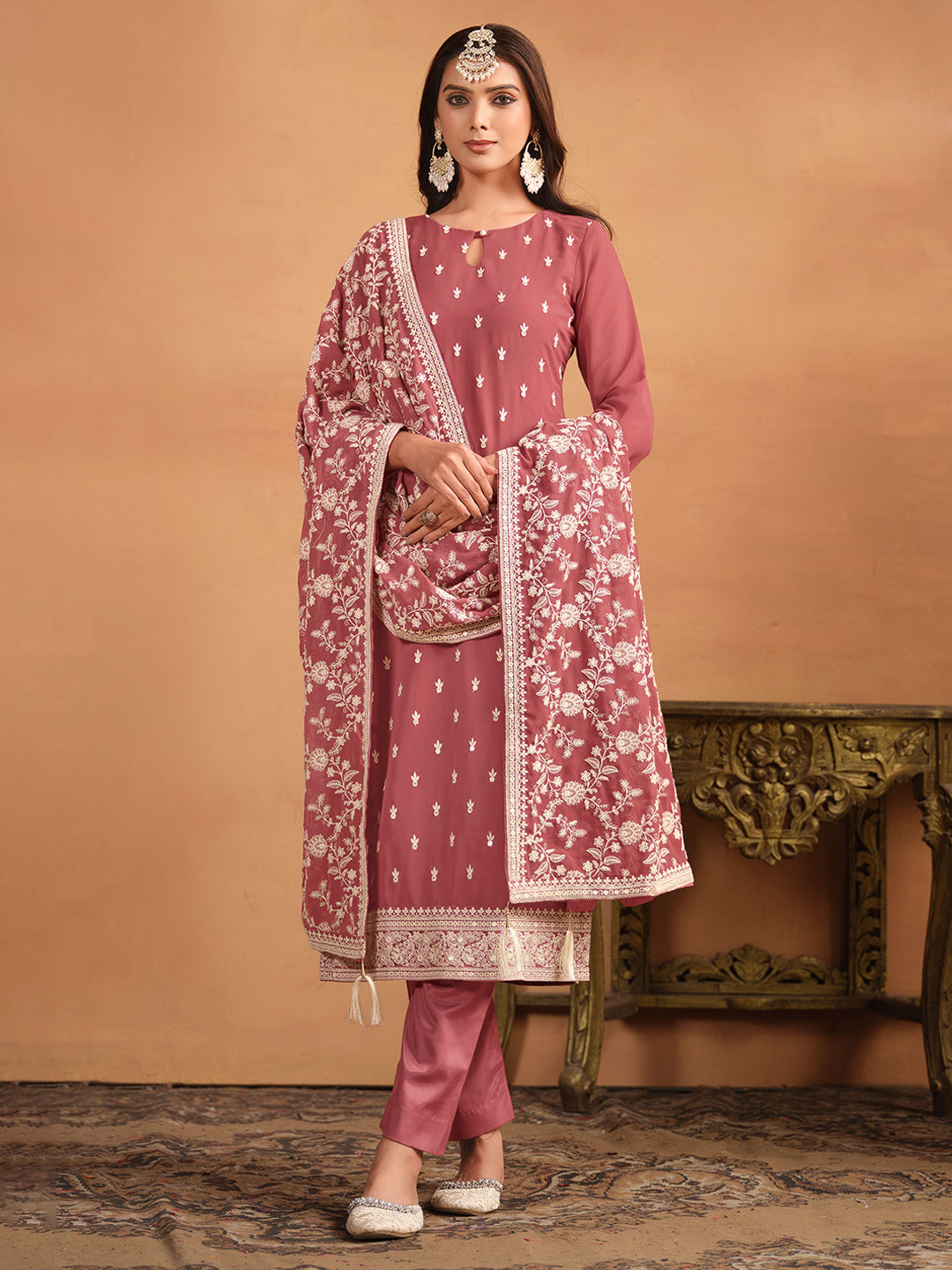 Embroidered Georgette Semi Stitched Kurta With Pant &amp; Dupatta