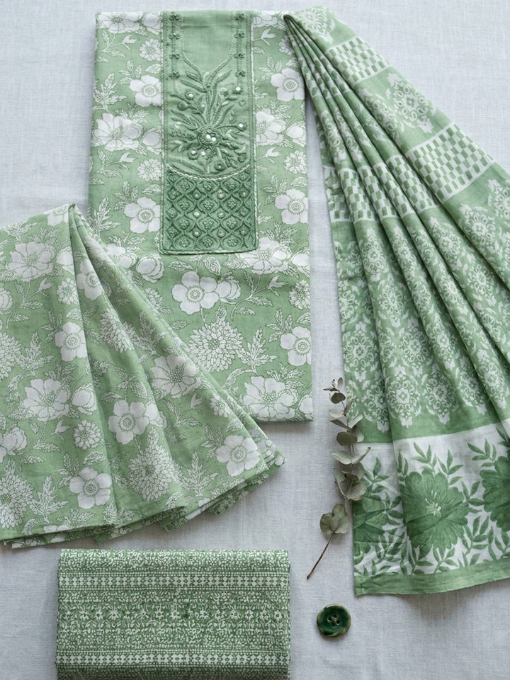 Printed Cotton Blend Unstitched Suit With Pant &amp; Dupatta