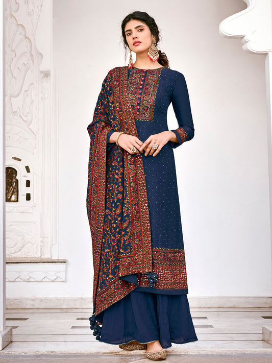 Resham Zari Sequins Work Art Silk Semi Stitched Suit