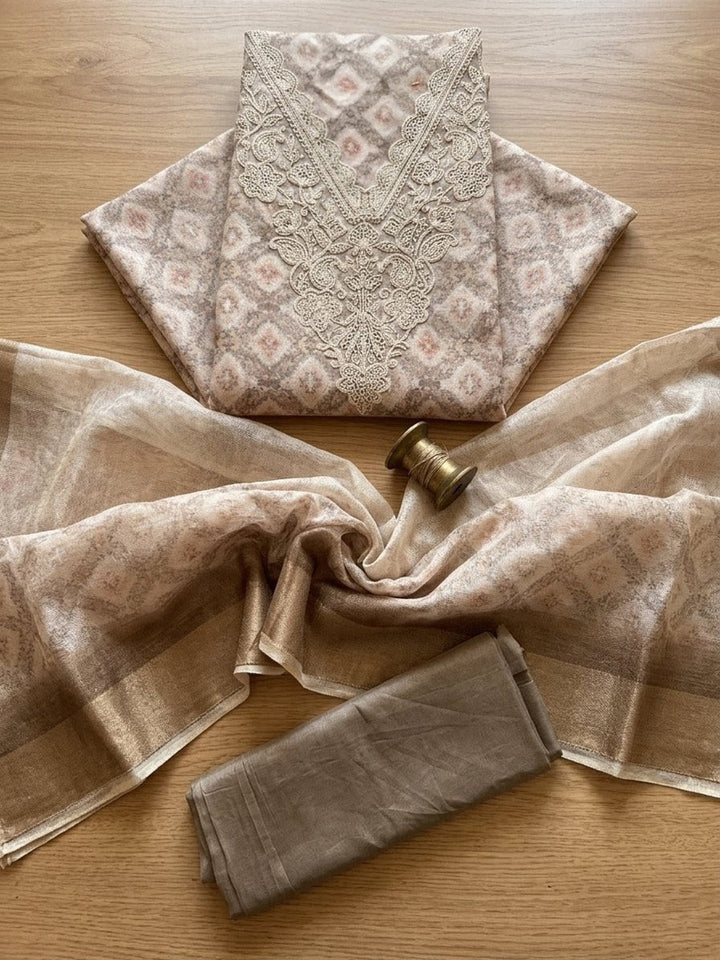 Embroidered Cotton Blend Unstitched Suit With Pant &amp; Dupatta