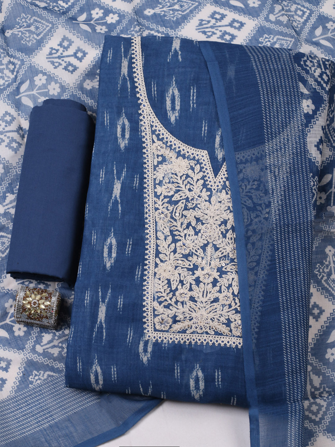 Embroidered Linen Blend Unstitched Suit With Pant &amp; Dupatta