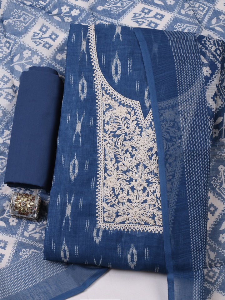 Embroidered Linen Blend Unstitched Suit With Pant &amp; Dupatta