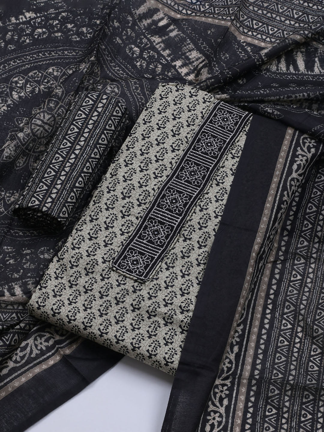 Patch Neck Cotton Blend Unstitched Suit With Dupatta