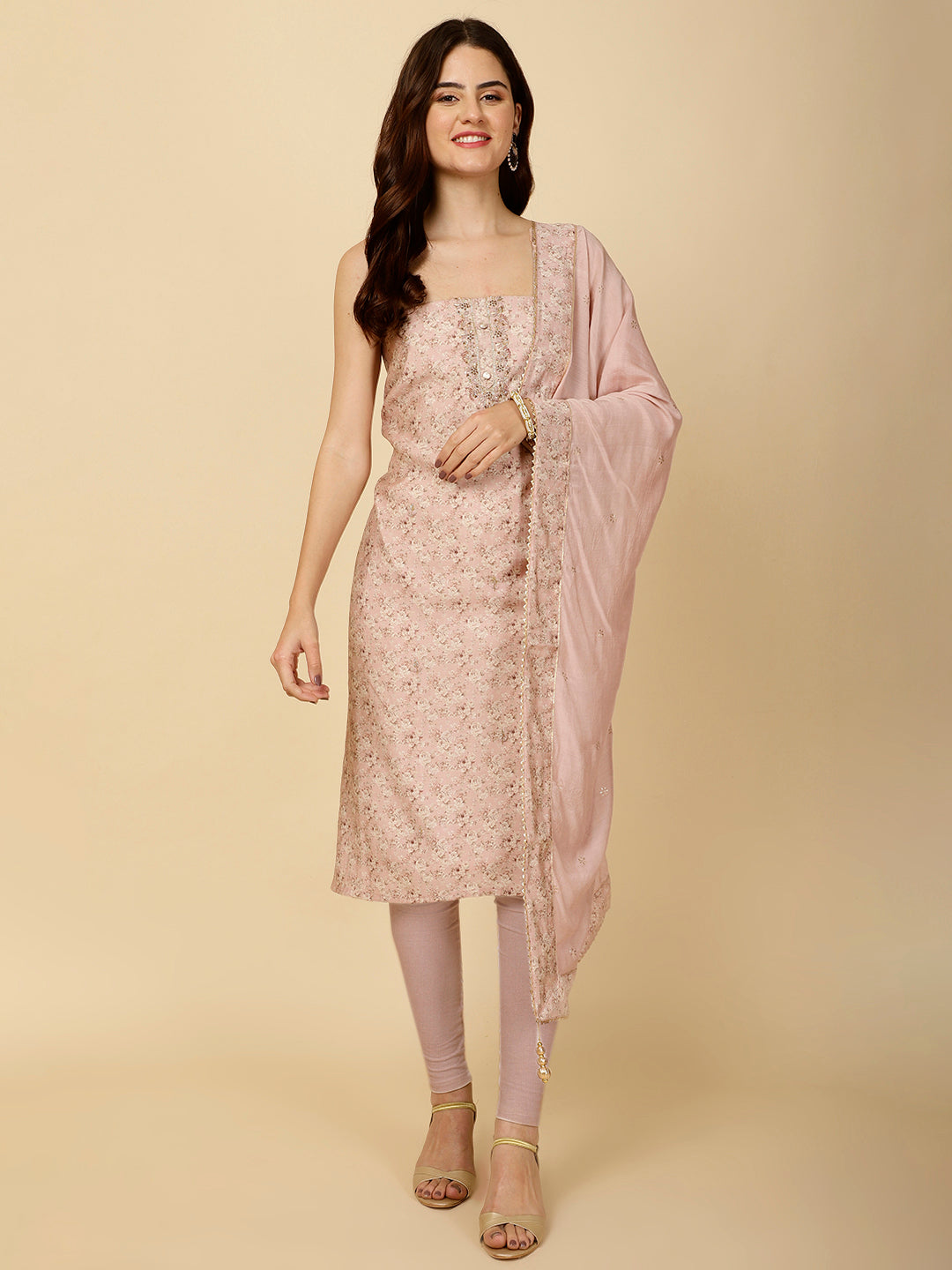 Floral Printed Cotton Unstitched Suit Piece With Dupatta