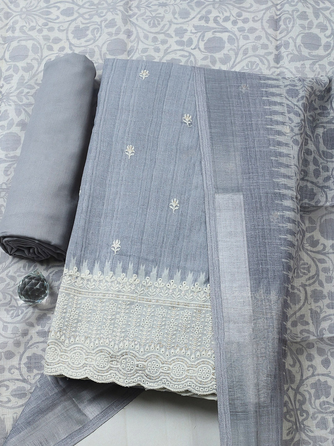 Embroidered Linen Blend Unstitched Suit With Pant &amp; Dupatta
