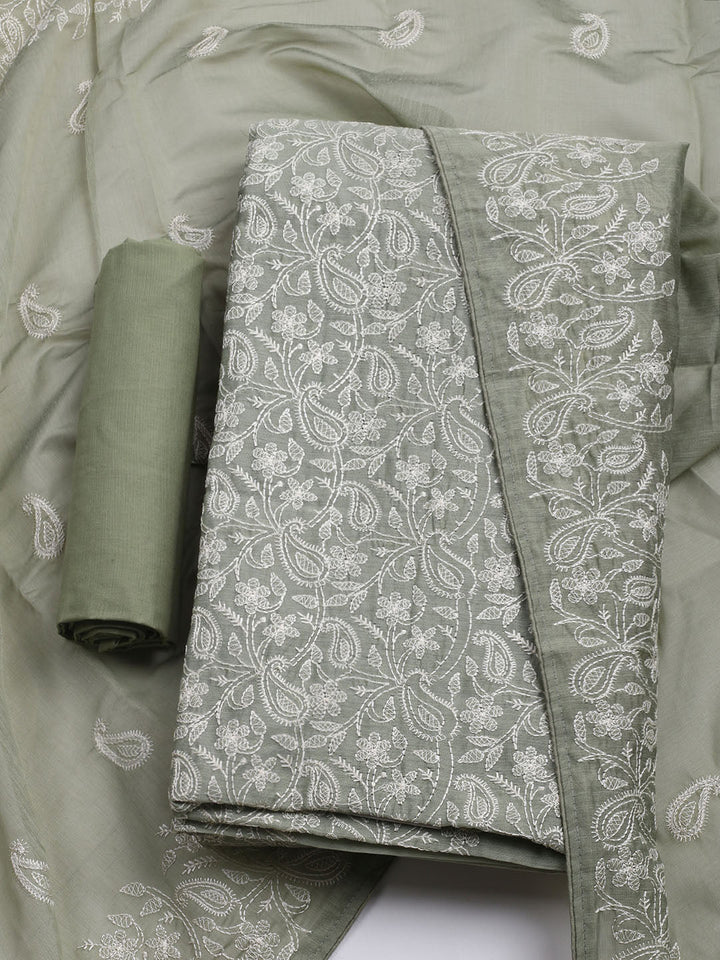 Embroidered Chanderi Unstitched Kurta With Pant &amp; Dupatta