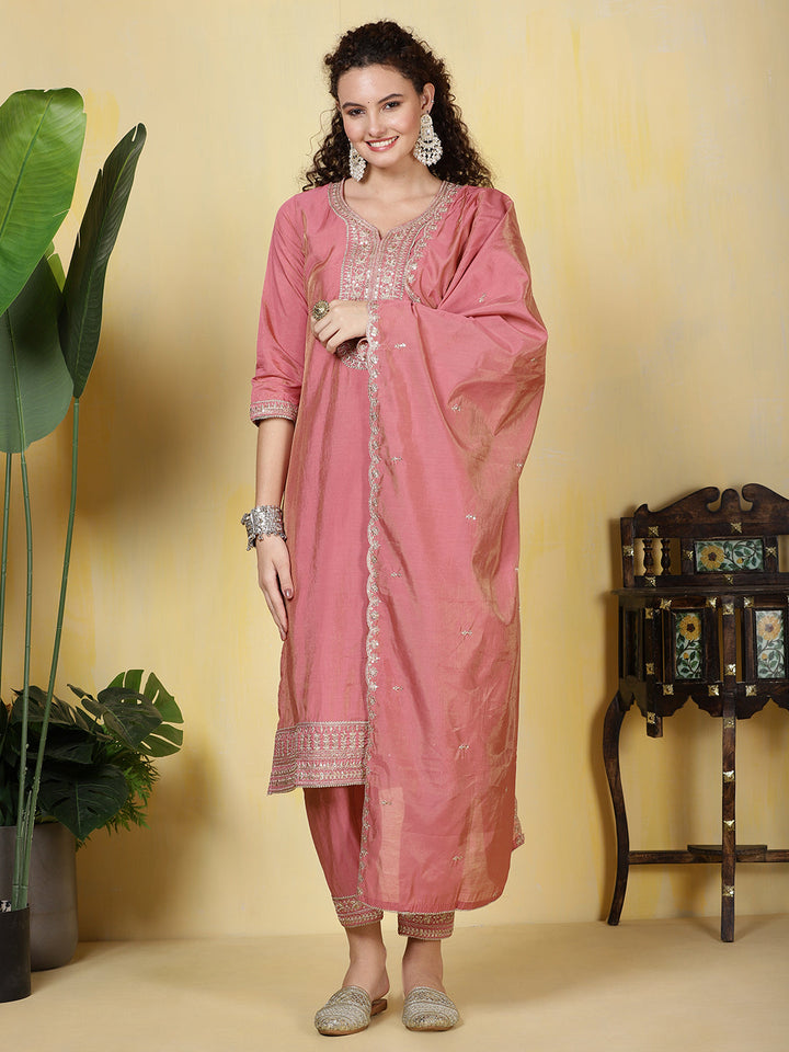 Neck Zari Embroidered Chanderi Kurta With Pants &amp; Dupatta