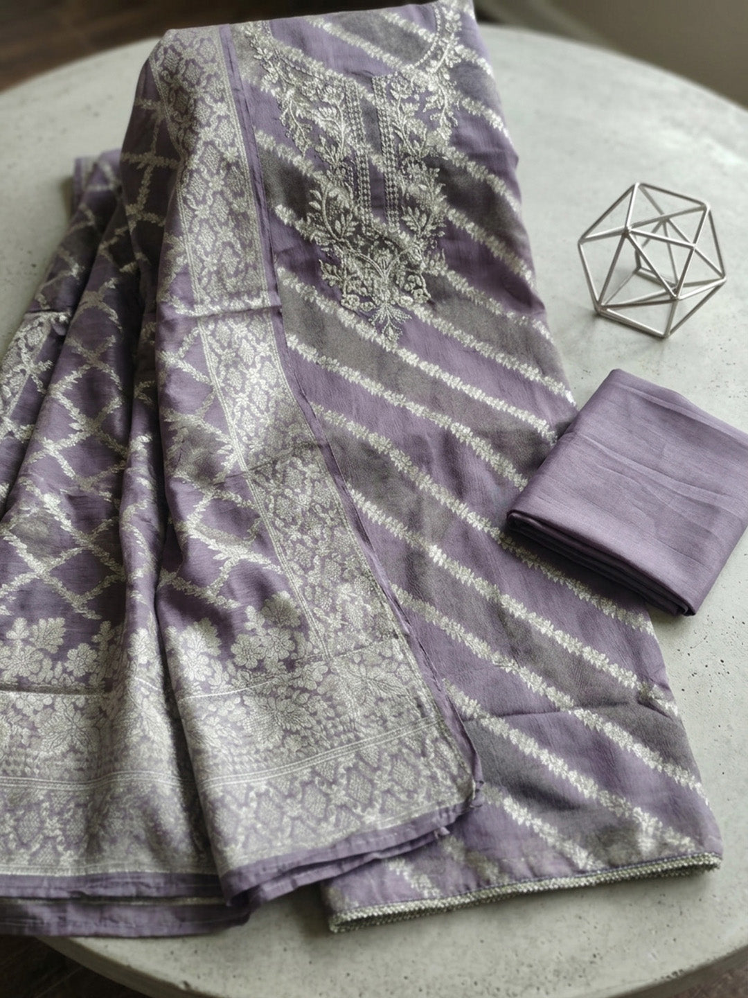 Embroidered Chanderi Unstitched Suit With Pant &amp; Dupatta