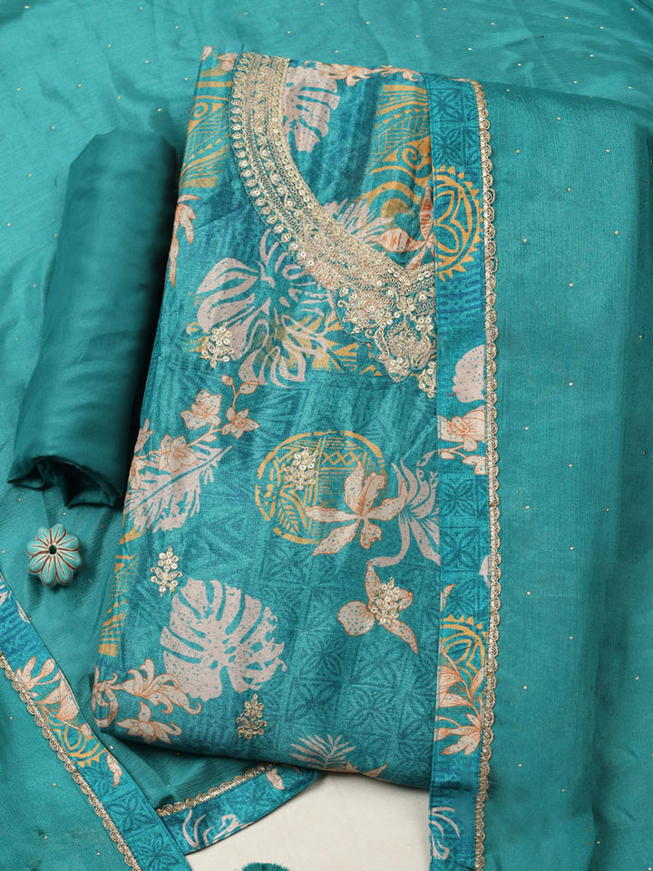 Embroidered Chinon Unstitched Suit With Pant &amp; Dupatta