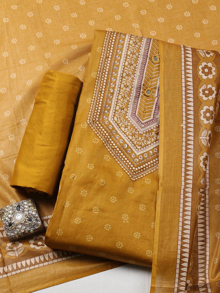 Printed Cotton Blend Unstitched Suit With Pant &amp; Dupatta