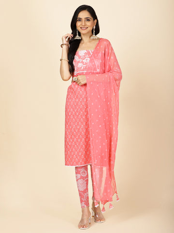 Floral Printed Cotton Unstitched Suit Piece With Dupatta