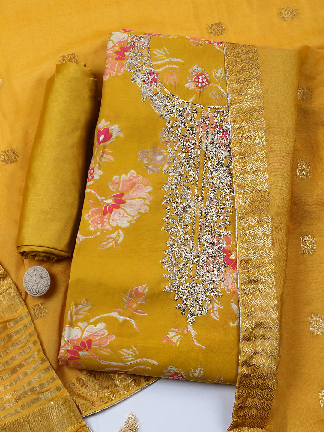 Embroidered Cotton Blend Unstitched Suit With Pant &amp; Dupatta