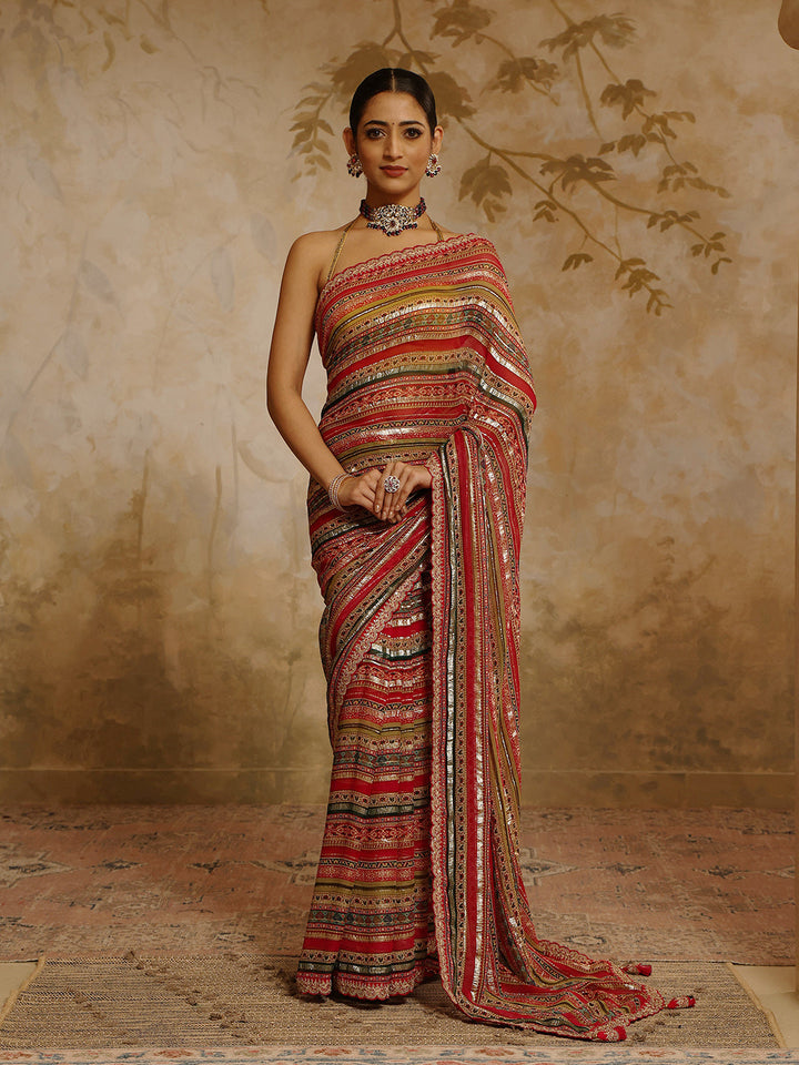 Digital Printed &amp; Zari Stripes Georgette Saree