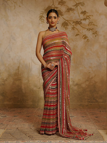 Digital Printed & Zari Stripes Georgette Saree