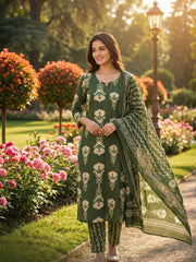 Printed Cotton Blend Kurta With Pant & Dupatta