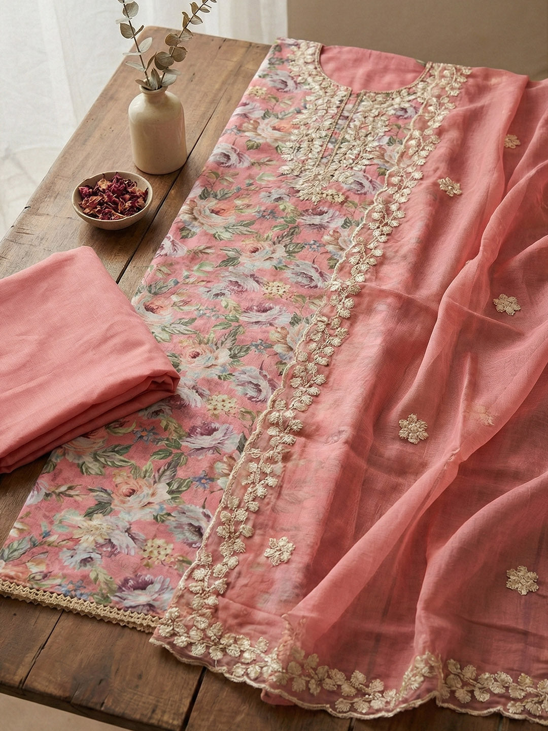 Printed Chanderi Unstitched Suit With Pant &amp; Dupatta