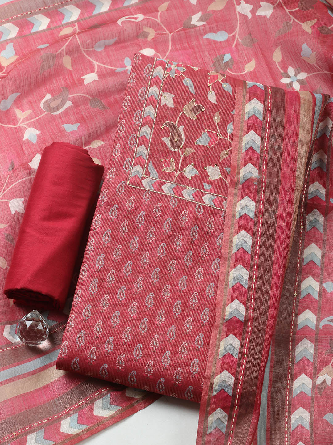 Embroidered Tissue Unstitched Suit With Pant &amp; Dupatta