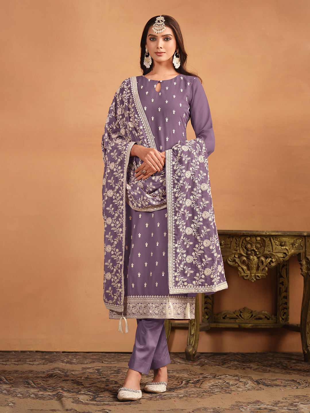 Embroidered Georgette Semi Stitched Kurta With Pant &amp; Dupatta