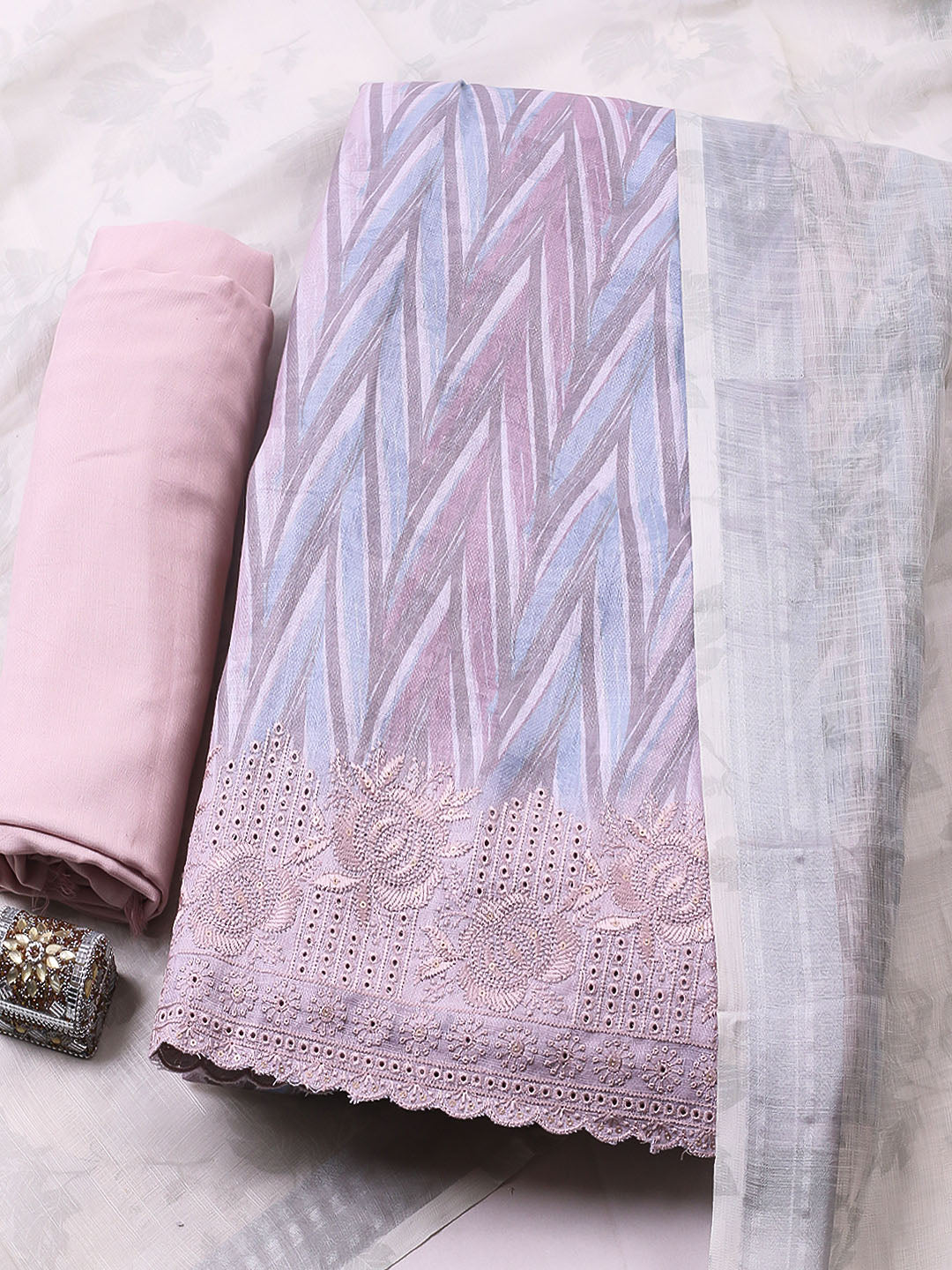 Embroidered Linen Blend Unstitched Suit With Pant &amp; Dupatta