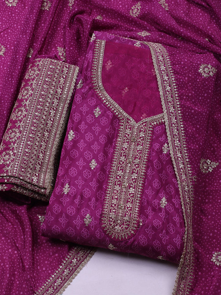 Embroidered Art Silk Unstitched Suit With Dupatta