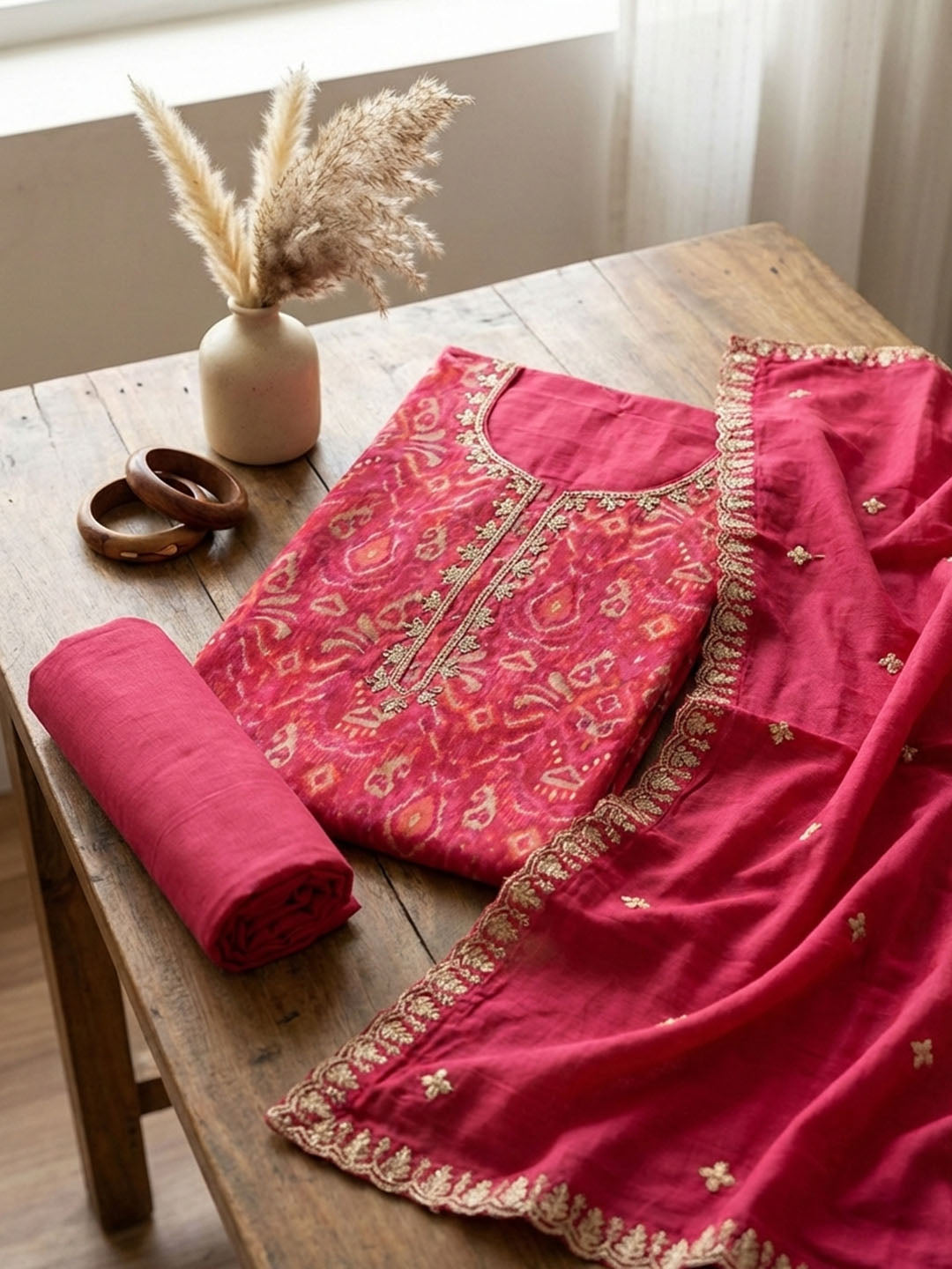 Embroidered Cotton Blend Unstitched Suit With Pant &amp; Dupatta