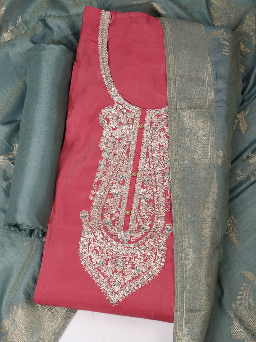 Embroidered Chanderi Unstitched Suit With Pant &amp; Dupatta