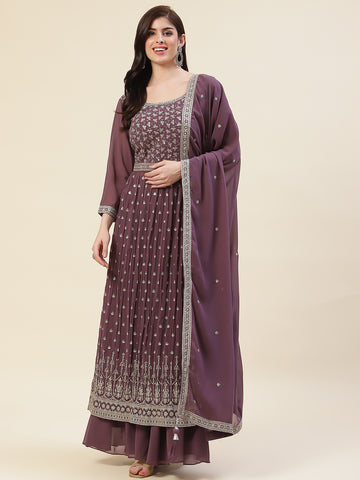 Zari Embroidered Booti Georgette Kurta With Palazzo & Dupatta