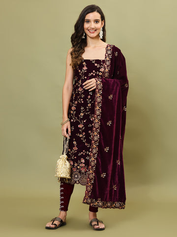 Neck Embroidered Velvet Unstitched Suit Piece With Dupatta